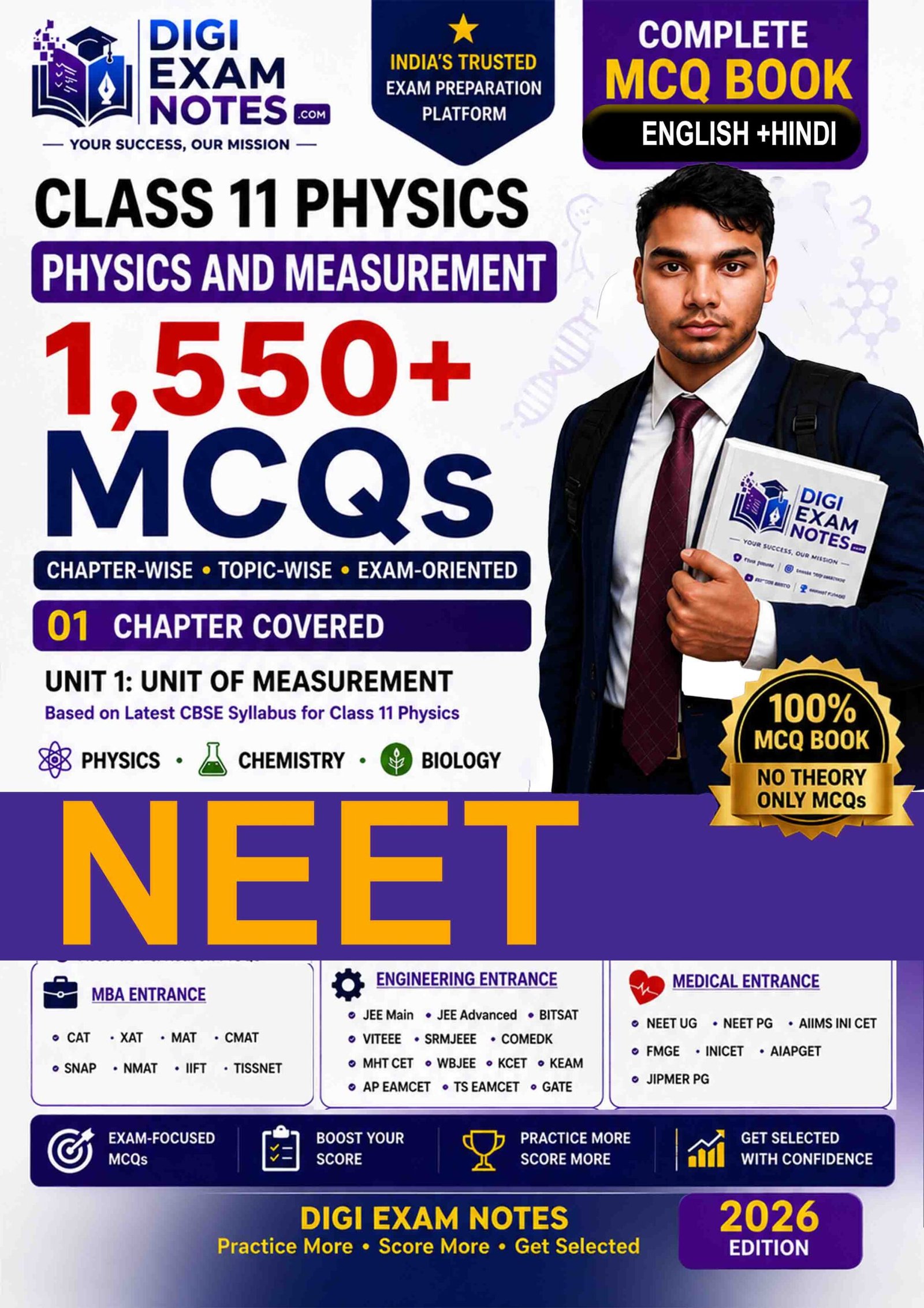 NEET UG Class 11 Physics Unit of Measurement 1550+ MCQs PDF Book Cover by Digi Exam Notes