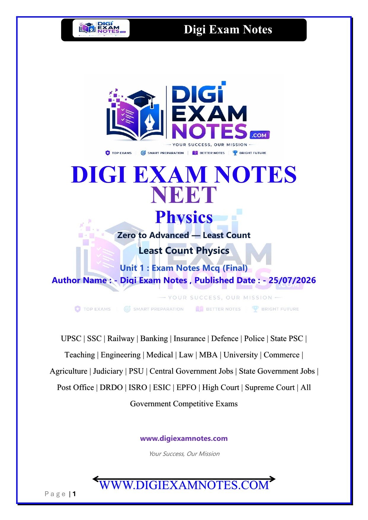 Least Count MCQ Book PDF for Class 11 Physics | Digi Exam Notes